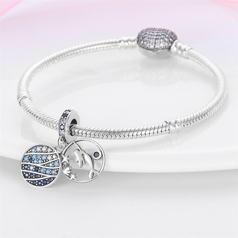 Original Charms Copper Blue Ocean Zircon Beads Fit Bracelet Women Jewelry Making Diy Gift