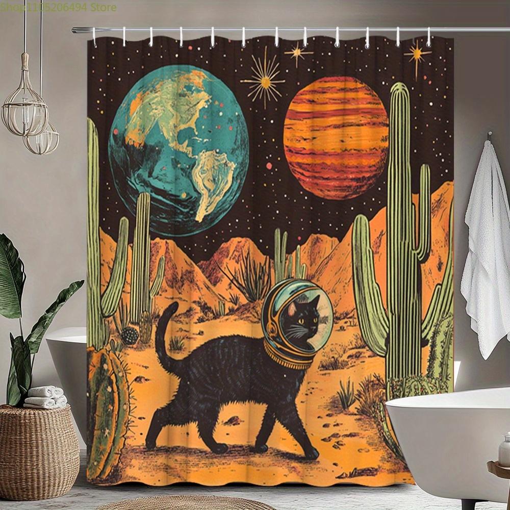 1pc Retro 60s Space Cat Shower Curtain - Astronaut Feline on Desert Planet with Cacti & Stars, Vibrant Polyester Fabric Bathro