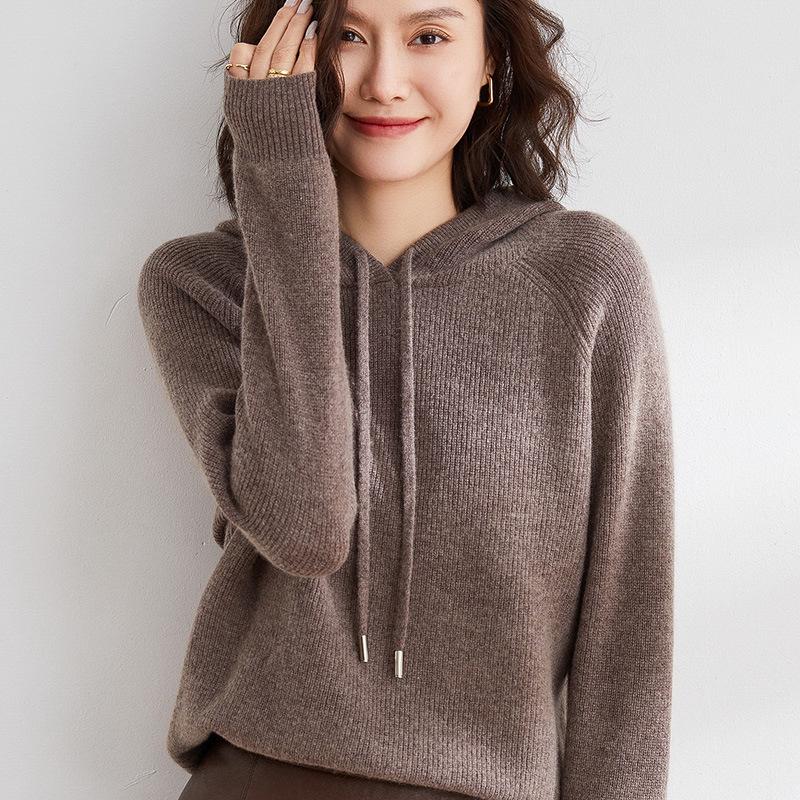 Women's Oversized Hooded Knit Sweater - Cozy Autumn/Winter Drawstring Pullover, Versatile Solid Color.