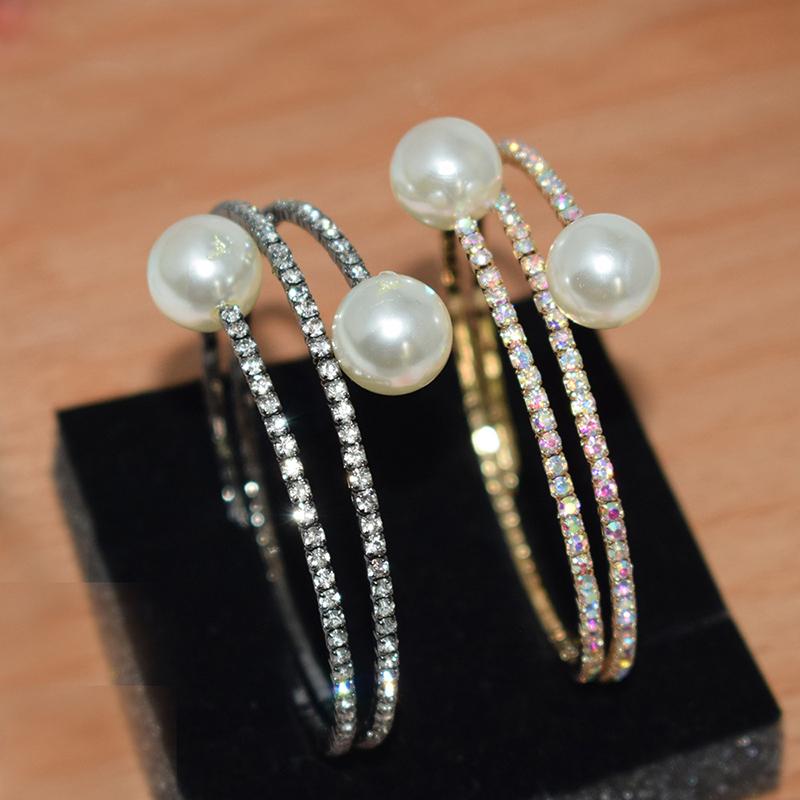 Fashion 2 Rows Imitation Pearls Rhinestone Open Bracelets Bangles Women Wedding Jewelry Party Accessries