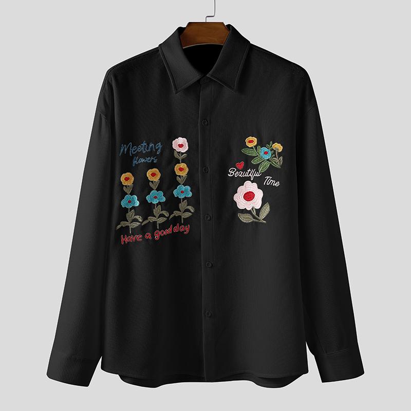 

INCERUN Men Spring Lapel Neck Long Sleeve Embroidery Flower Shirts Texture Oversized Tops 2XL чёрный