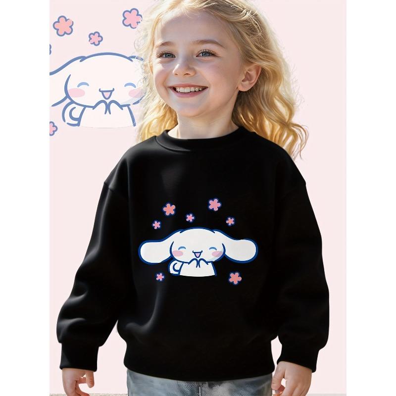 European Size Sanrio Cartoon Printed Girls Casual Sweatshirt Chibi White Ears with Pink Blossoms Children's Sports Long Sleeve Crewneck Pullover