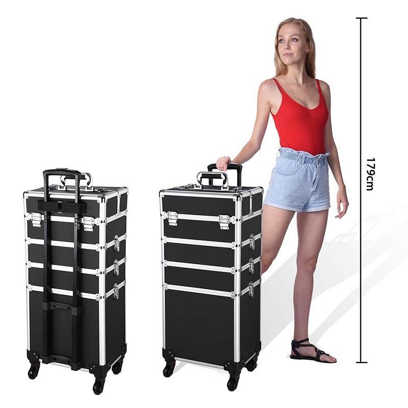 Professioneller Kosmetikkoffer mit großer Kapazität, tragbarer Aluminium-Make-up-Organizer-Koffer-Trolley für Damen, Reise-Make-up, Pink/Schwarz, 4-in-1