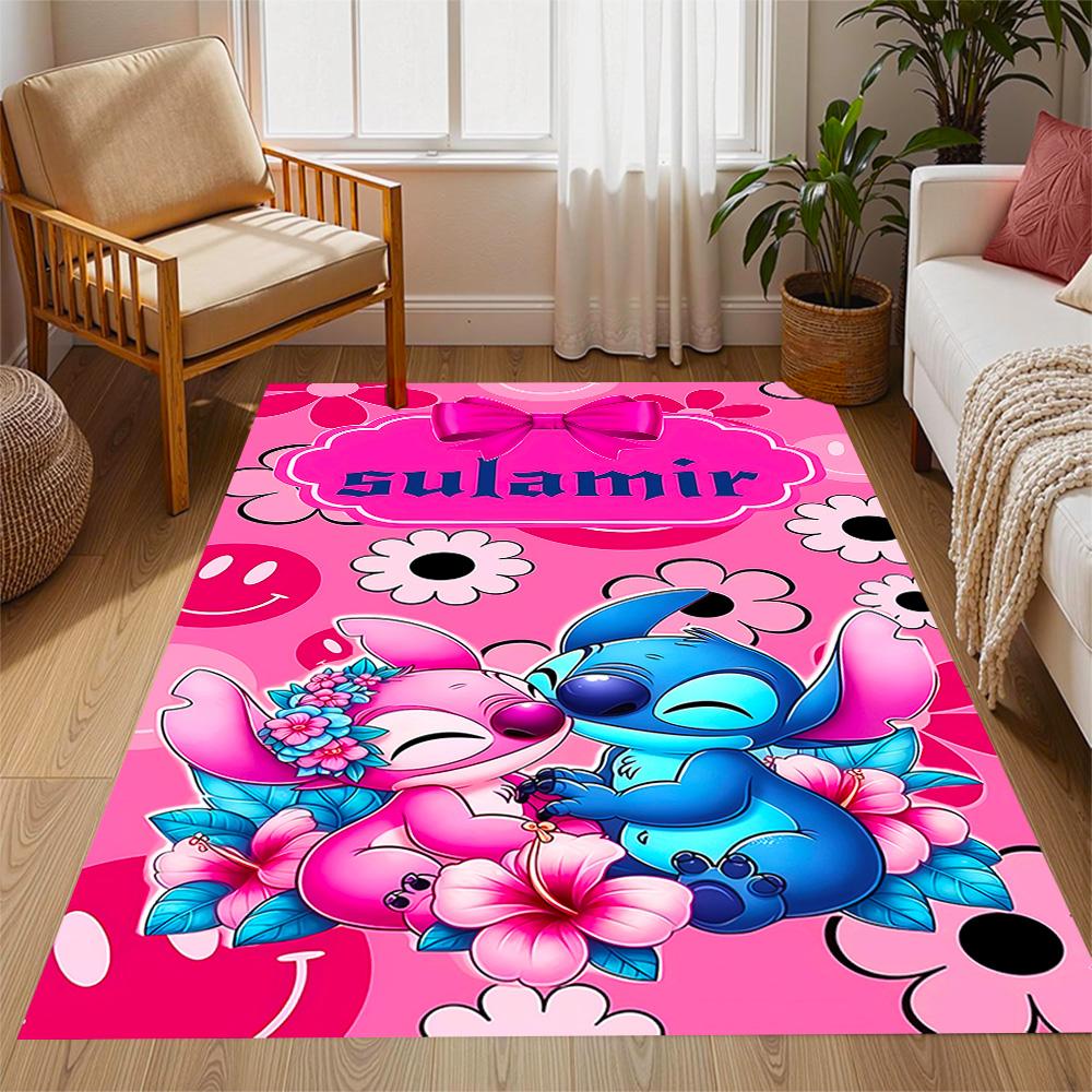 Stitch Adventure In Flowers Disney Cartoon Theme Anti-Slip Rug - Polyester, Home Decor, Suitable for Bedrooms, Living Rooms, Doorways, and Studios