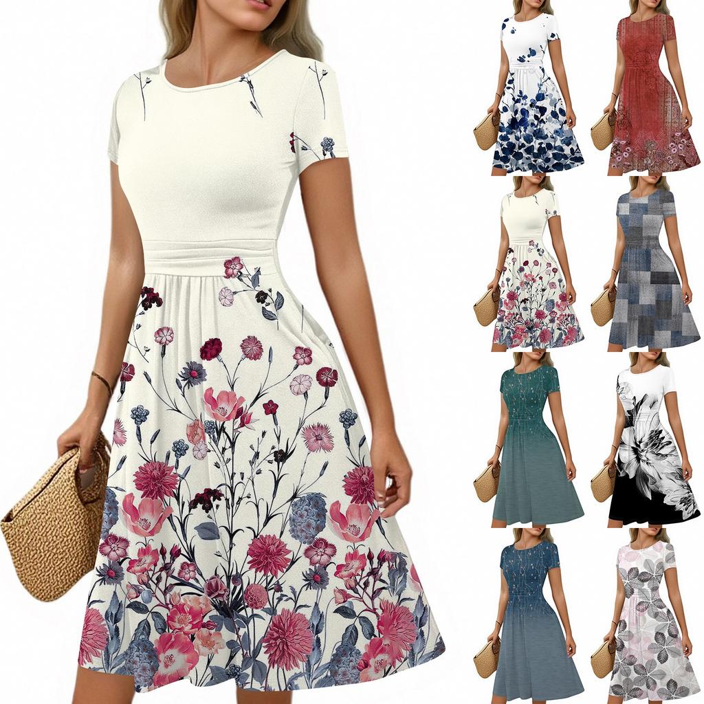 Women's Casual Fashion Round Neck Pleated Short Sleeve Retro Floral A-Line Midi Dress