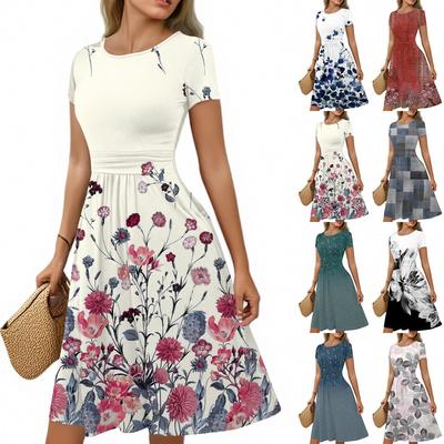 Kadın Günlük Moda Yuvarlak Yaka Pileli Kısa Kollu Retro Çiçekli A Kesim Midi Elbise