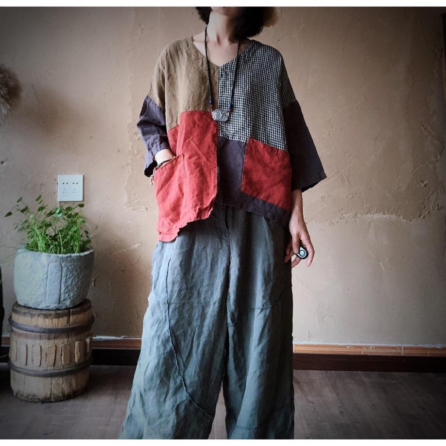 Ancient Mud Patchwork Loose Linen Top - Women's Plus Size Artistic Black & White Plaid Shirt