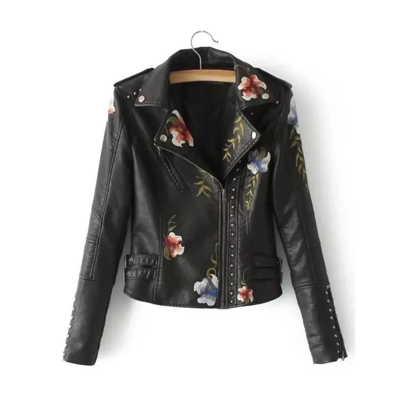PU Leather Embroidered Rivet Coat Moto & Biker Streetwear Zipper Overcoat Women's Jackets Spring Clothes
