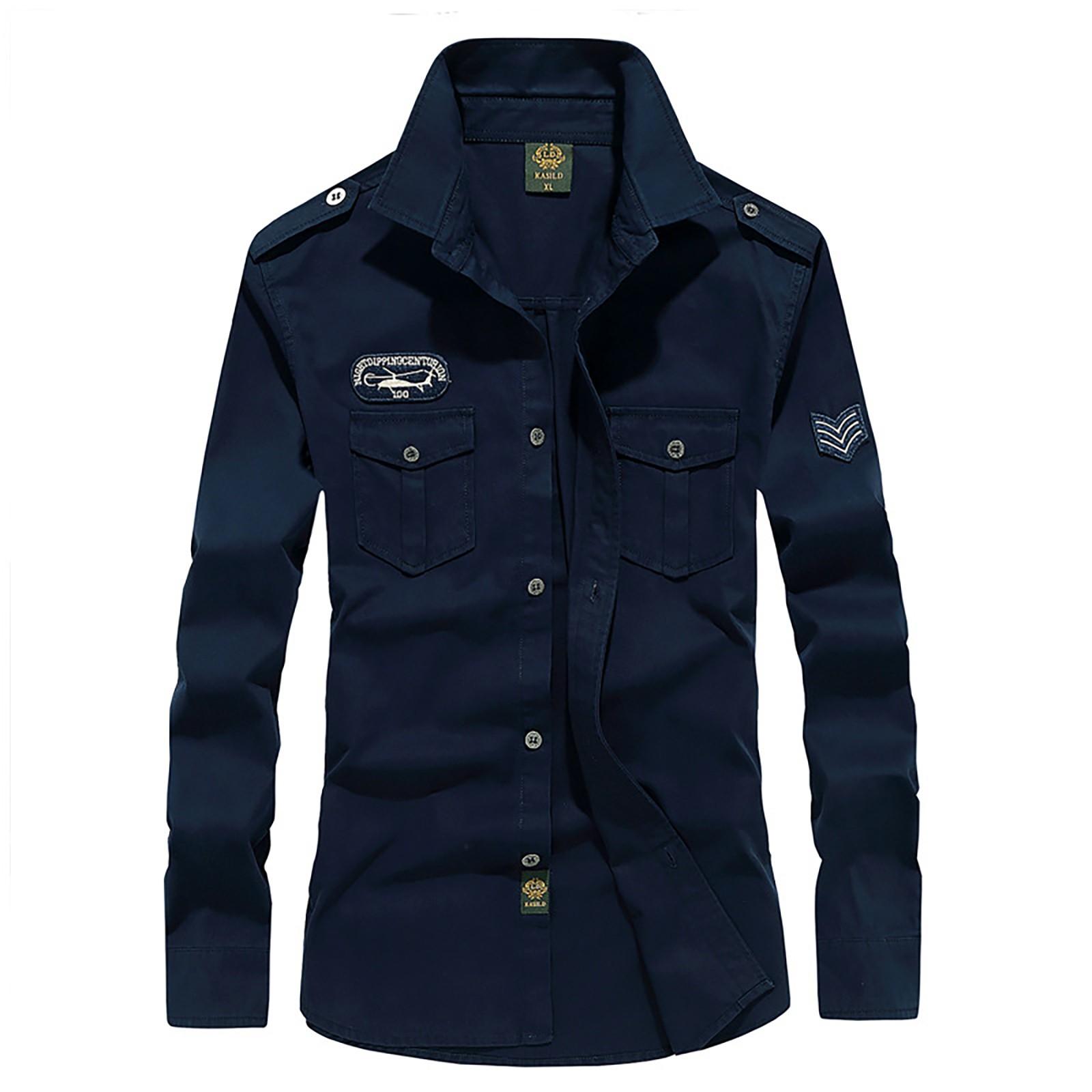 

Чоловіча повсякденна сорочка з довгим рукавом із вишивкою у стилі мілітарі XXXL темно-синього кольору