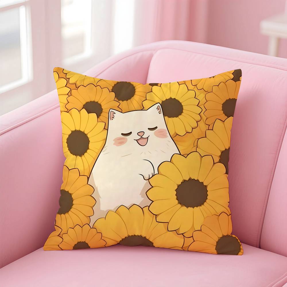 Cat In the Flowers Aesthetic Pillow Case Pattern Printing Pillowcase Living Room Sofa Cushion Cover Bedroom Room Decor