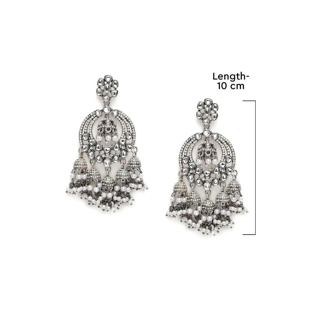 Antique Silver Tone Kundan & Austrian Diamonds Jhumki Drops Earring For Women
