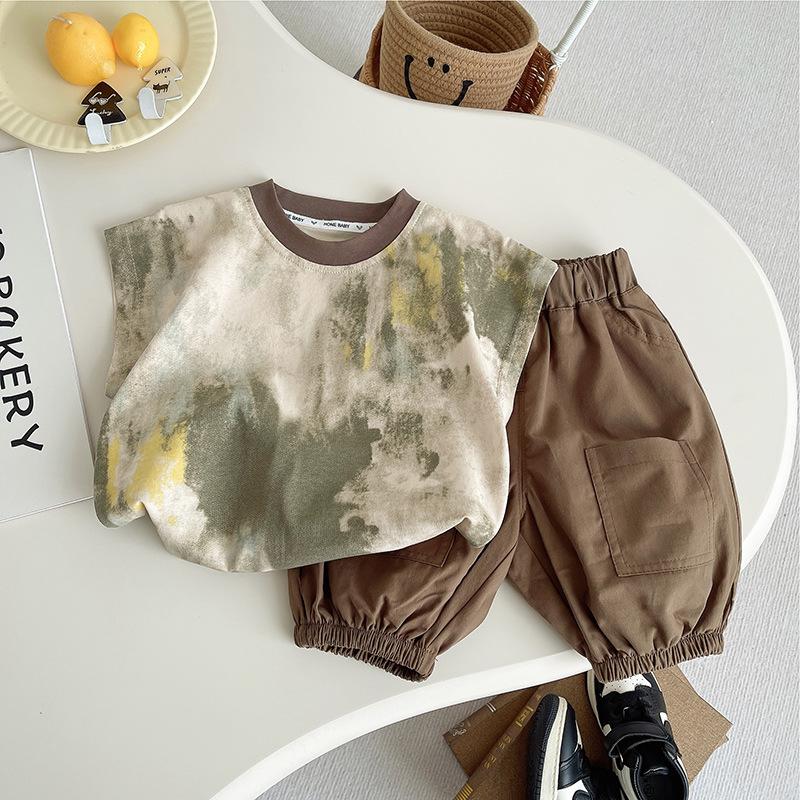 

Детский комплект Летний стиль тай-дай Топ-майка Корейская детская мода Универсальный комплект из двух предметов без рукавов 120