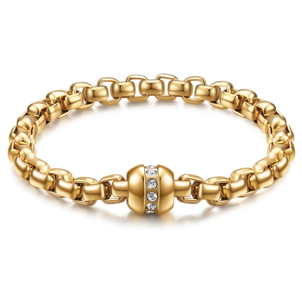 Street Trendsetter Rap Personality Versatile 7MM Square Round Bead Stainless Steel Bracelet 18K Gold