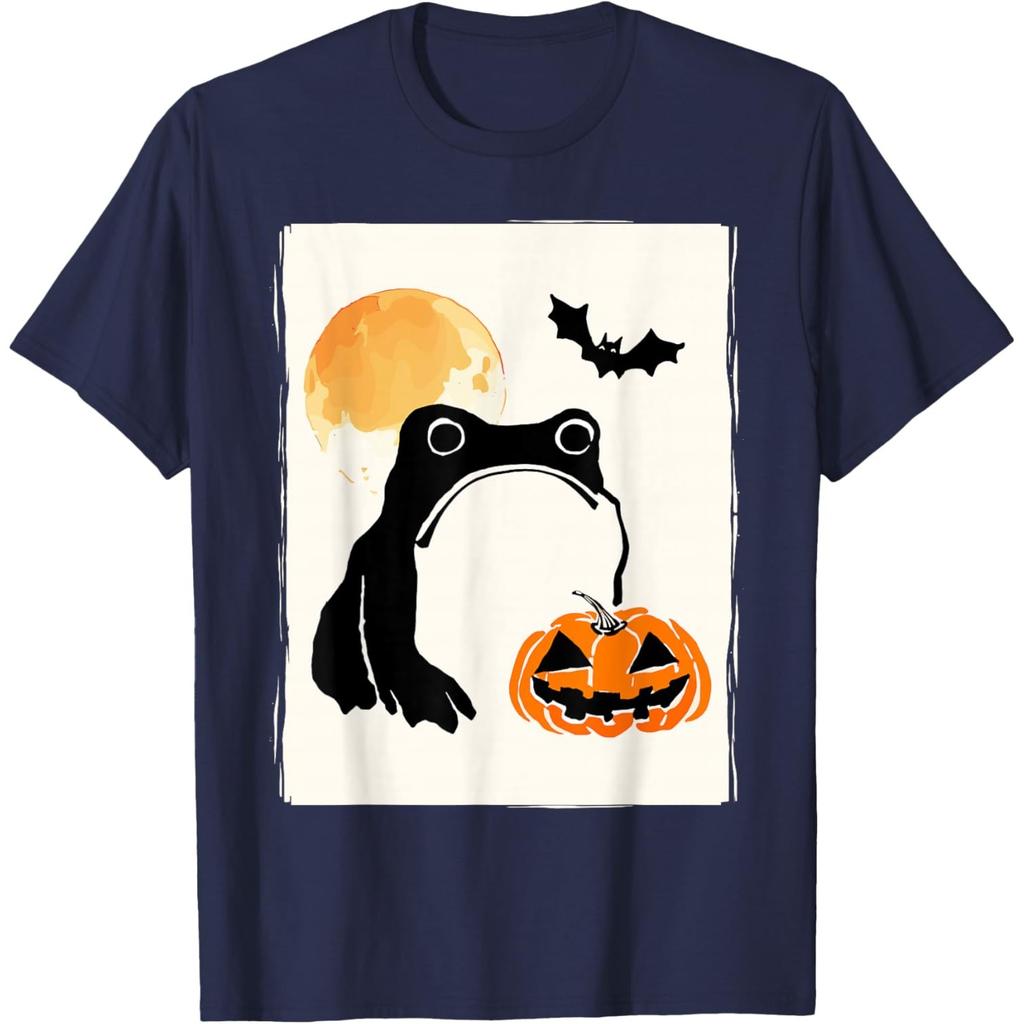 Sad Frog Halloween Pumpkin Graphic Tee Funny Japan Art Short Sleeve Casual T-Shirt