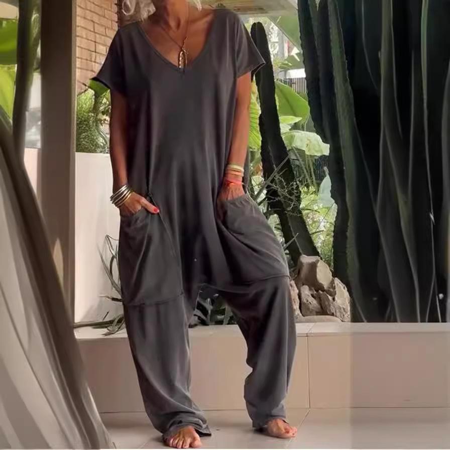 Summer Women's Jumpsuit, Solid-color V-neck, Oversized Pocket, Low-end One-piece Pants