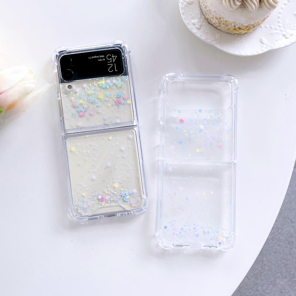 For Samsung Galaxy Z Flip 4 3 Case Transparent Glitter Dreamy Stars Clear Shockproof Back Cover For Samsung Z Flip4 Zflip3 Case