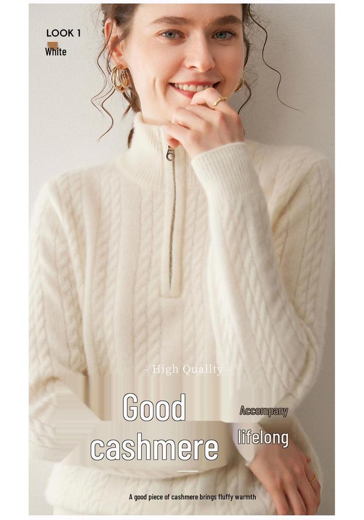 Women's Thickened Cashmere Stand Collar Sweater - Loose Fit, Zipper Lapel, Autumn/Winter 2024