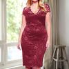 Summer Women See-through Lace Patchwork Mini Dress V-Neck Short Sleeve Slim Fit Plus Size Party Dress Female Clothing