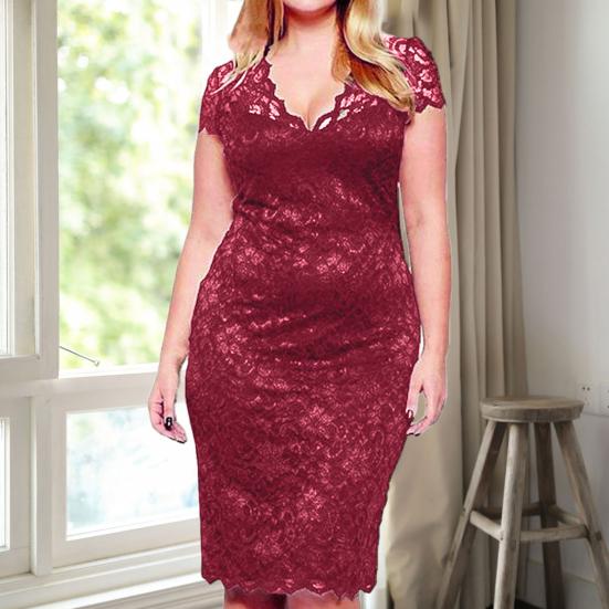 Summer Women See-through Lace Patchwork Mini Dress V-Neck Short Sleeve Slim Fit Plus Size Party Dress Female Clothing