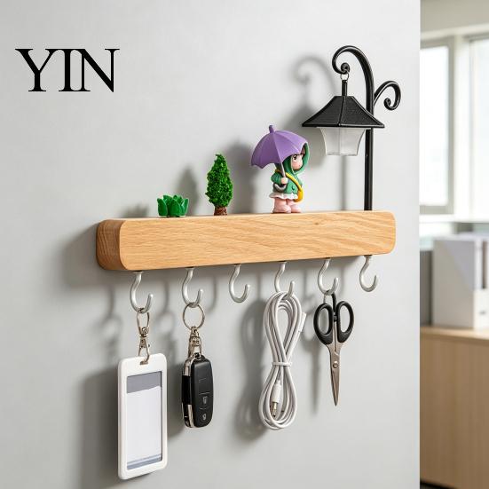 Kitchen Tool Storage Rack Key Holder with 6 Hooks, Solid Wood Entryway Organizer Rack, Wall No Drill for Mounted Space Saving Hook Keys Pet