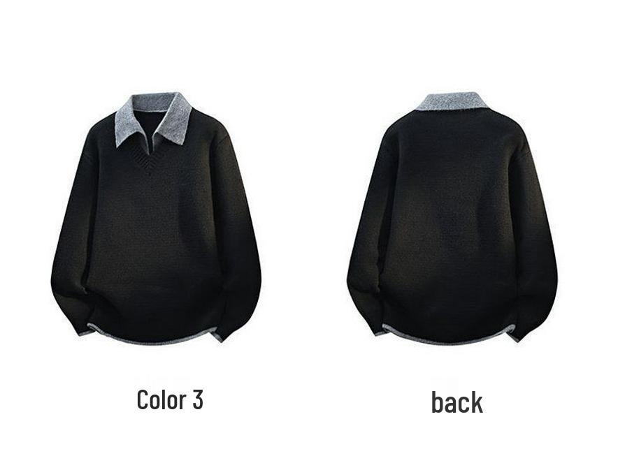 Men's Trendy Faux Two-Piece Lapel Sweater - Autumn/Winter Thickened Velvet Casual Knit Base Layer
