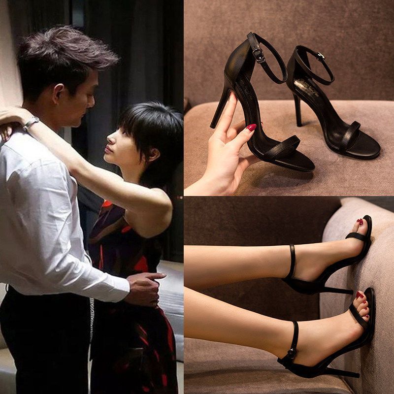 Black sexy one-word buckle with fairy style sandals female summer 2025 new versatile Korean version high heels stiletto