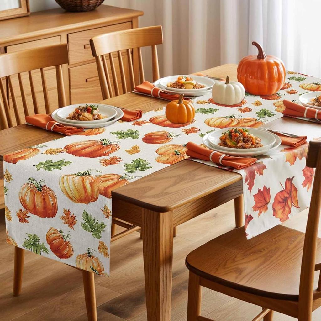 Fall Pumpkin Maple Leaf Table Runner Dresser Scarf Table Decor Farmhouse Kitchen Dining Table Runner Thanksgiving Decorations