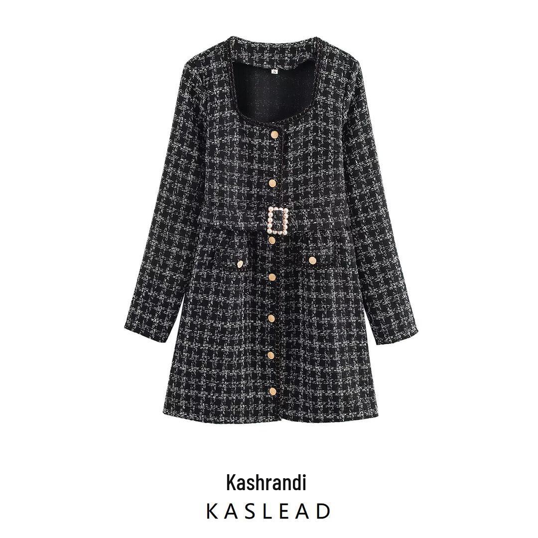 

2025 Spring Women s European & American Slim Tweed Waist-Gathering Dress Large