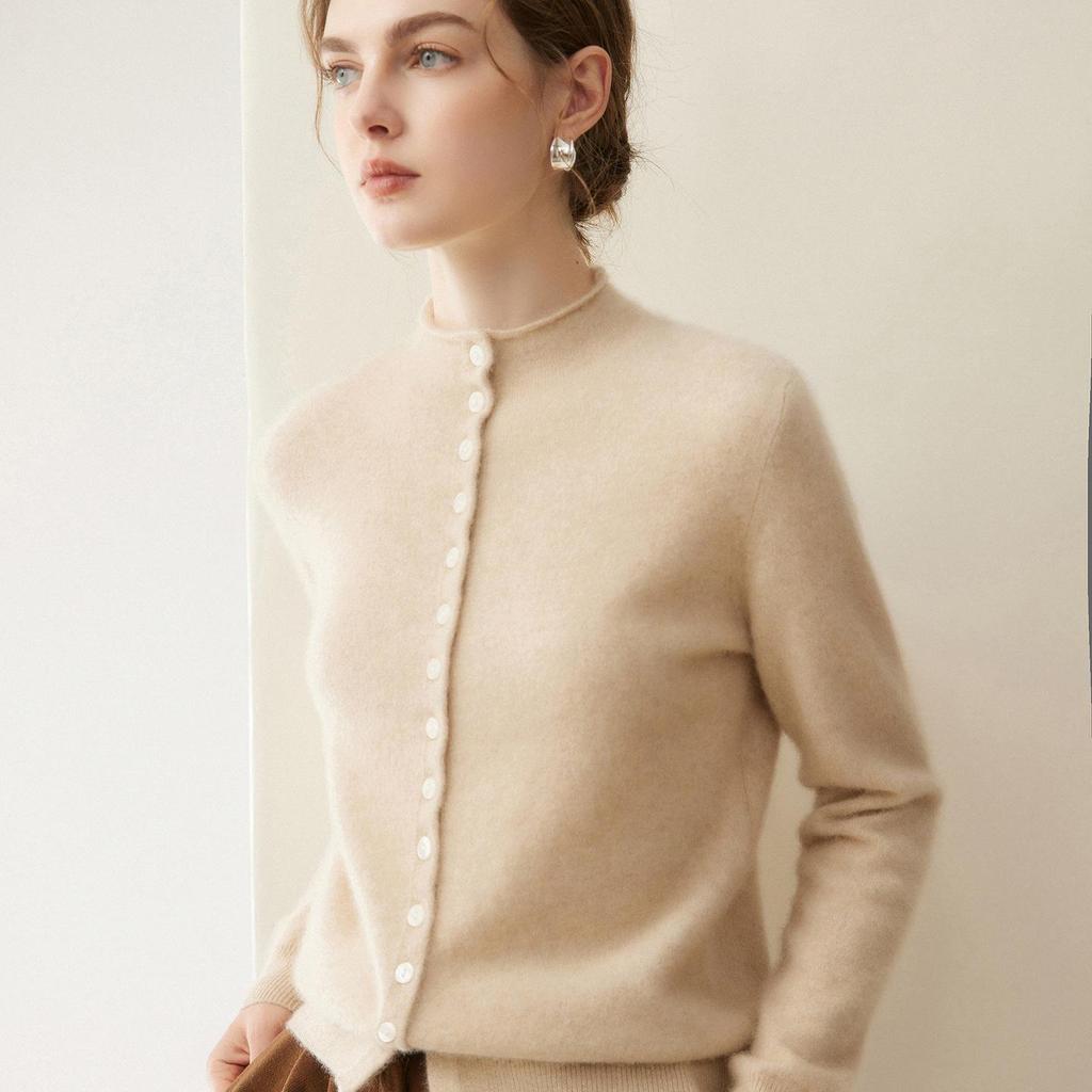 Women's Autumn/Winter 2026 Pure Cashmere Single-Breasted Cardigan - Half-High Neck, Rolled Edge, Gentle Style Base Layer