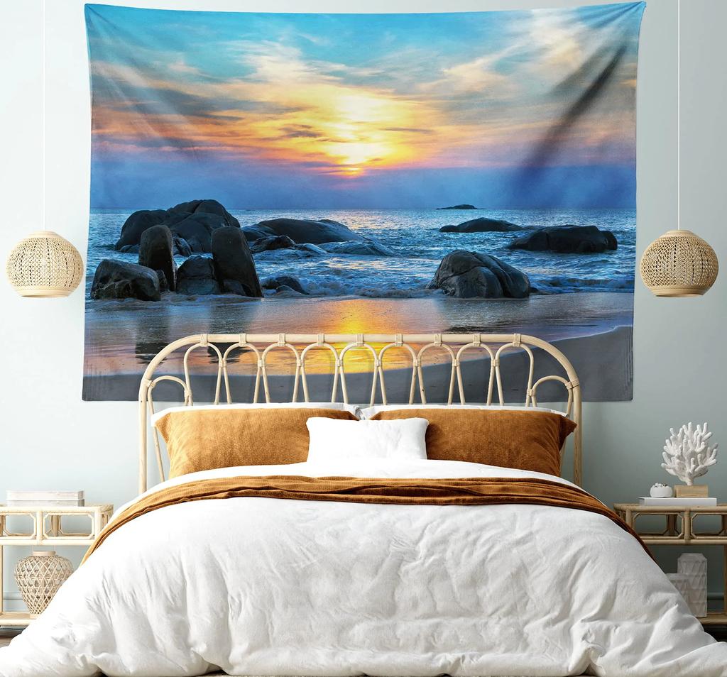 Ocean Sunset  Landscape Tapestry Purple Clouds and Gloden Sunshine Tapestry Wall Hanging Decoration for Dorm Living Room Bedroom