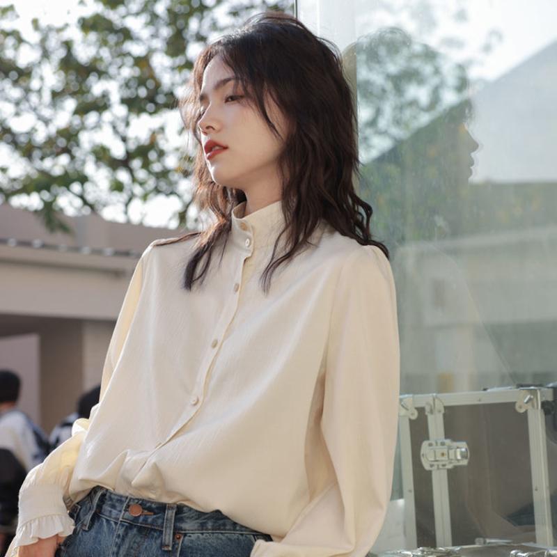

Рубашка с расклешенными рукавами и воротником-стойкой, весна-осень, новая модная свободная тонкая шикарная рубашка в корейском стиле, элегантная офисная рубашка на пуговицах