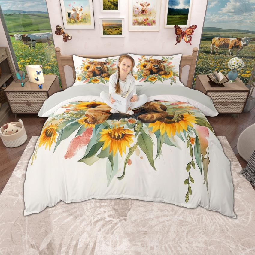 Homewish Highland Cow Duvet Cover Set, Chic Sunflower Bedding Set, Retro Farmhouse Lodge Cabin Quilt Cover Set