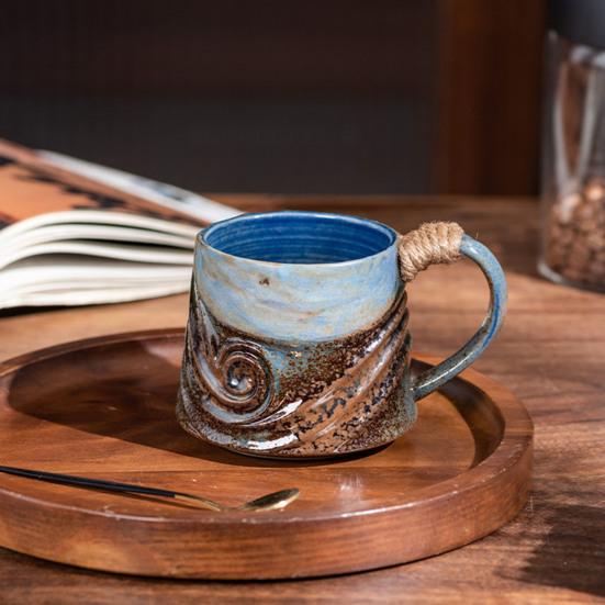 Handmade Ceramic Mug 320ml Vintage Tea Coffee Cup with Rattan Handle Creative Spiral Design Gradient Glaze Drinkware Home Decor Gifts