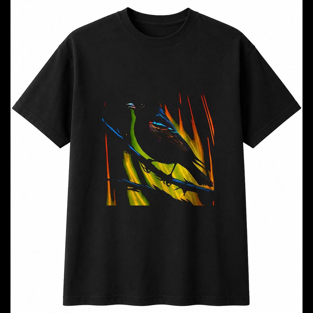 Dark Fantasy Linnet Neon Glow Bird Mens T-Shirt Black 100% Cotton Nature Printed