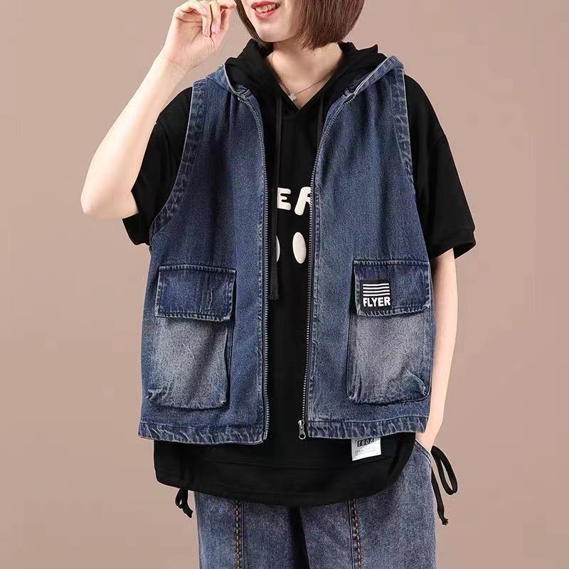 Loose Hooded Denim Vest Women's Spring and Autumn Plus Size Slimming All-match Casual Vest Short Jacket