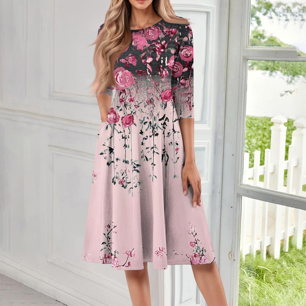 Women's Casual Fashion Round Neck Three Quarter Sleeve Print Midi Dress