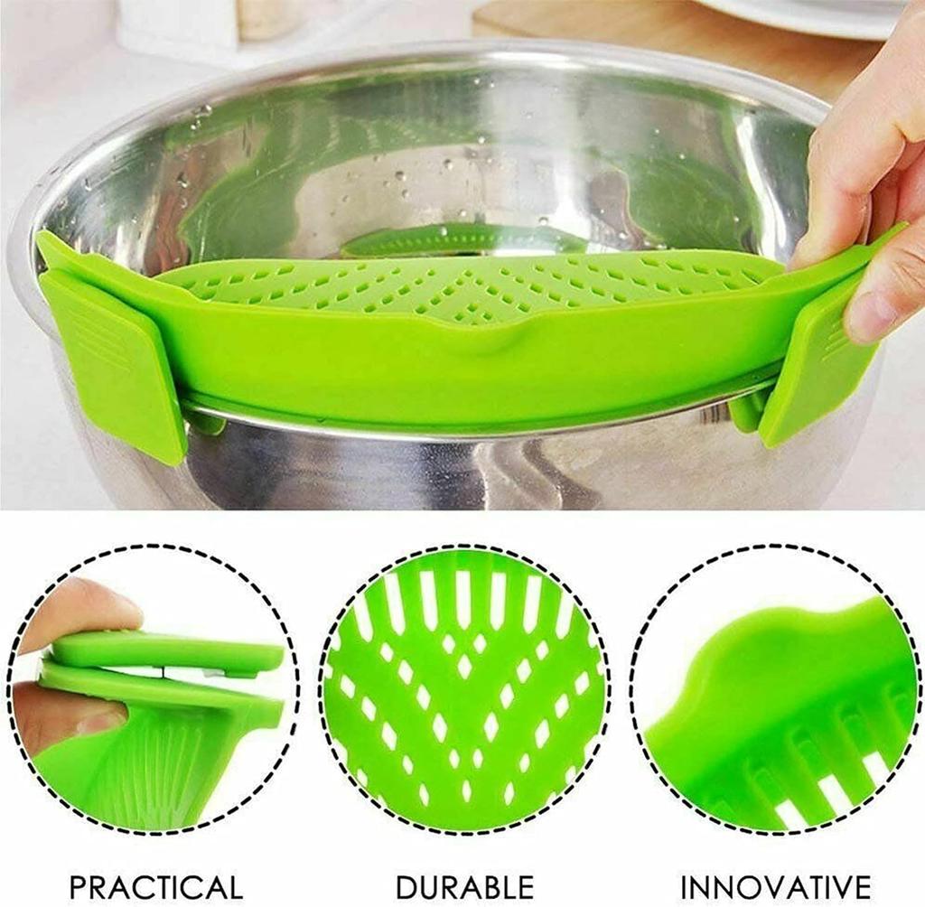 2 Pcs Silicone Clip on Strainer for Pasta Meat Vegetables Fruit, - Fit All Pots and Bowls.