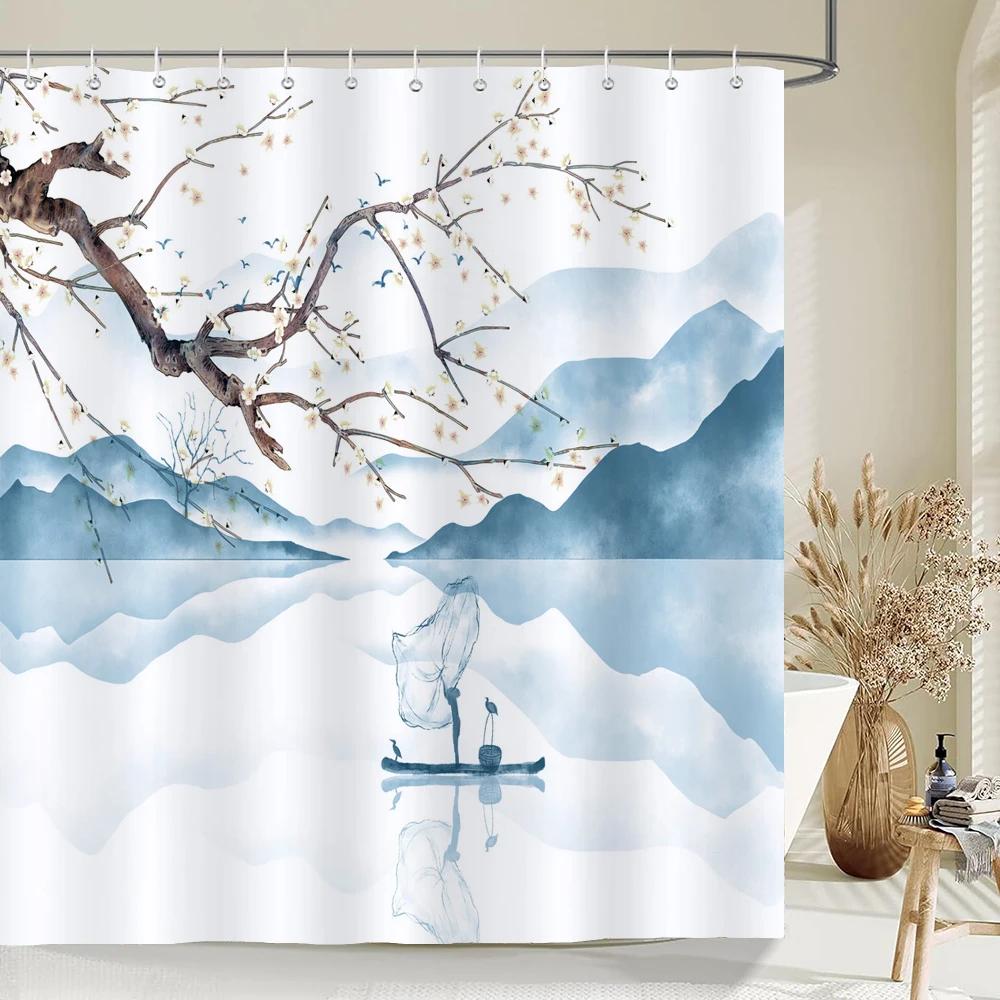 Chinese ink landscape style shower curtain scenic pattern Waterproof Fabric bath curtain washable Bathroom curtains Multi Size