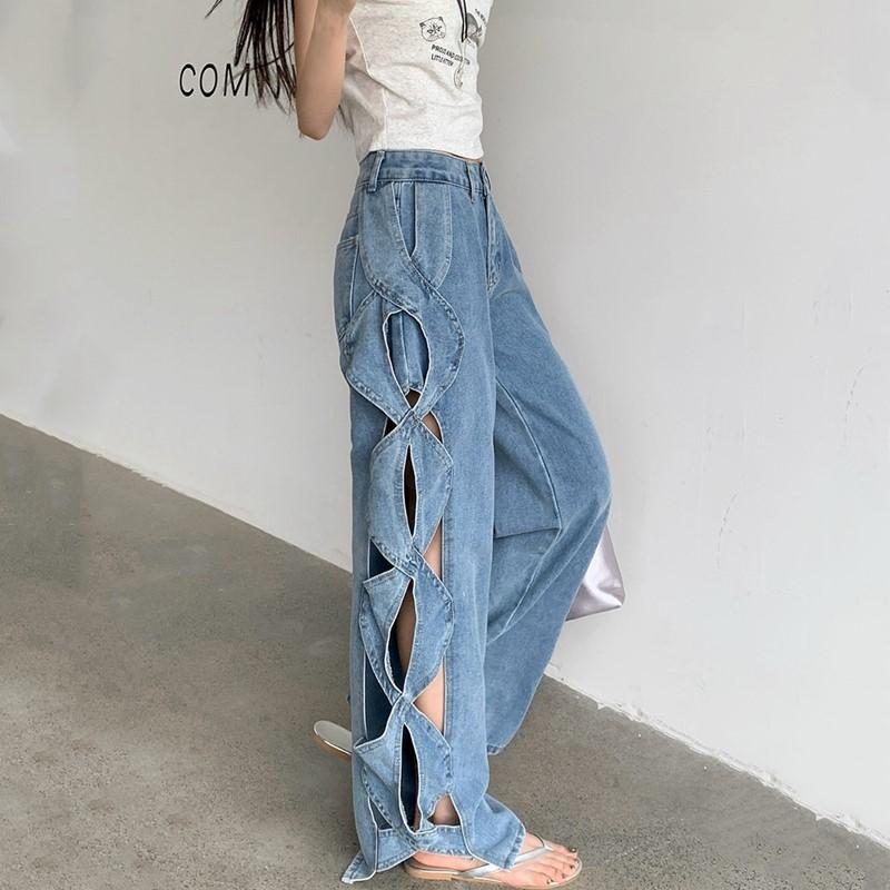 plus size Vintage Hole high waist casual loose Women spring summer autumn jeans denim wide leg Pants