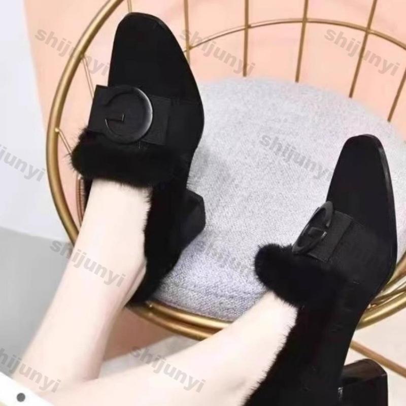 Woman Square Toe High Heels Shoes Woman Winter New Fashion Thick Heel Ankle Boots Suede Metal Buckle Cotton Shoes Dress Pumps