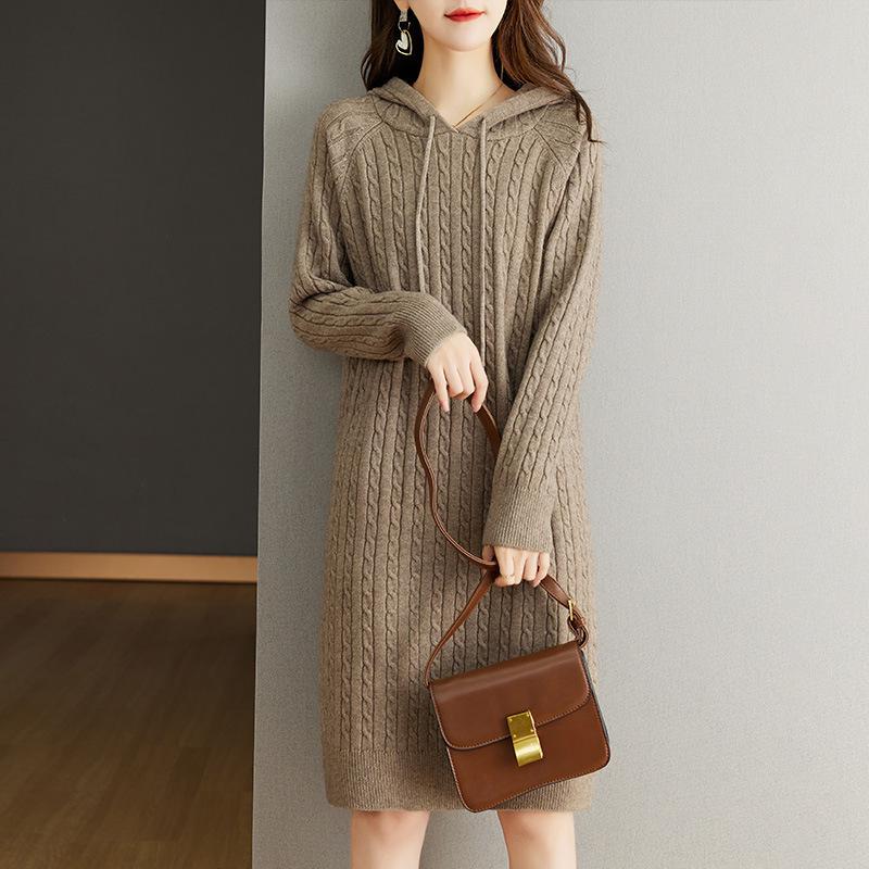 Hooded knitted sweater medium and long sweater skirt loose lazy hooded sweater women's dress new autumn and winter thick