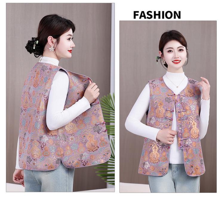 Autumn Retro Frog Button Vest: Elegant Round Neck Top for Middle-aged & Elderly Women