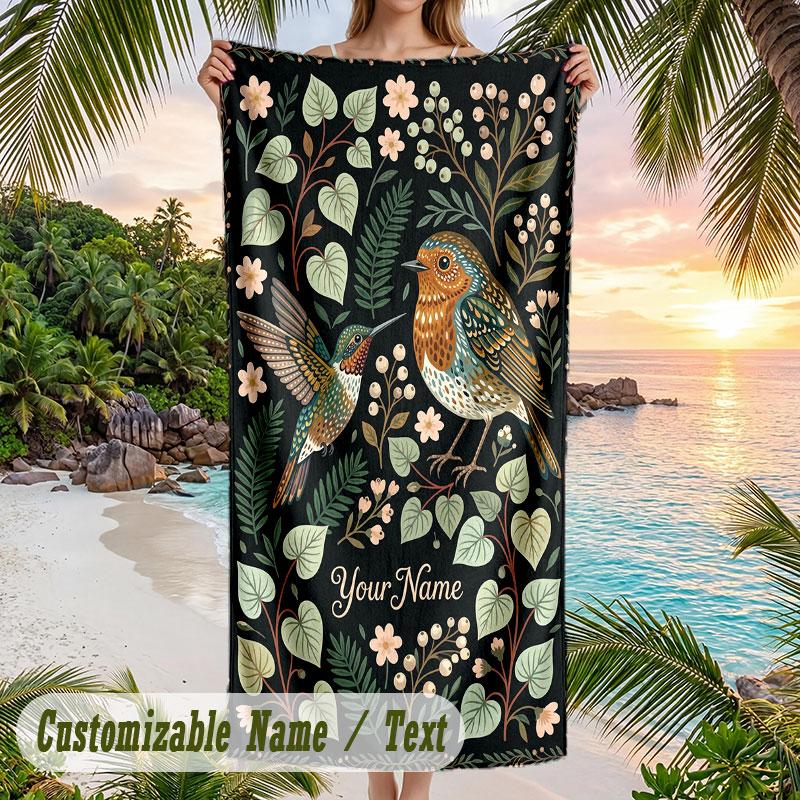 Natures Serenity Garden Theme Quick Dry Beach Towel Custom Name Text Print Large Sand Resistant Towel Beach Vacation