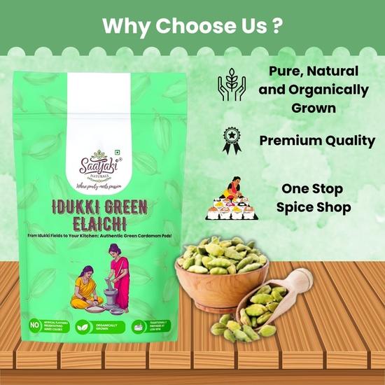 Saatyaki Naturals Organic Green Cardamom -250gm | Bold Size 9-10mm Pure ,Non-GMO, Gluten-Free Spice | Perfect for Biryani, Deserts