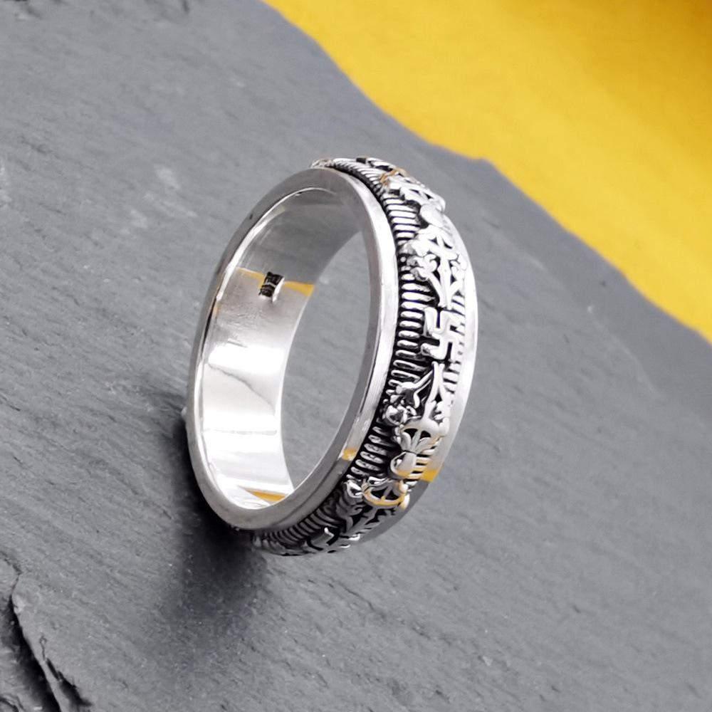 Sterling Silver 925 Rotating Tibetan Mantra Ring - Buddhist Luck Symbol
