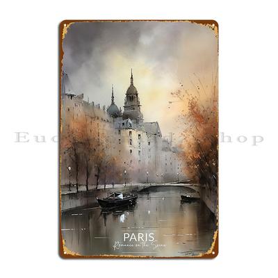 Paris Romance On The Seine Watercolor Painting Metal Signs Garage Design Club Garage Decoration Custom Tin Sign Poster