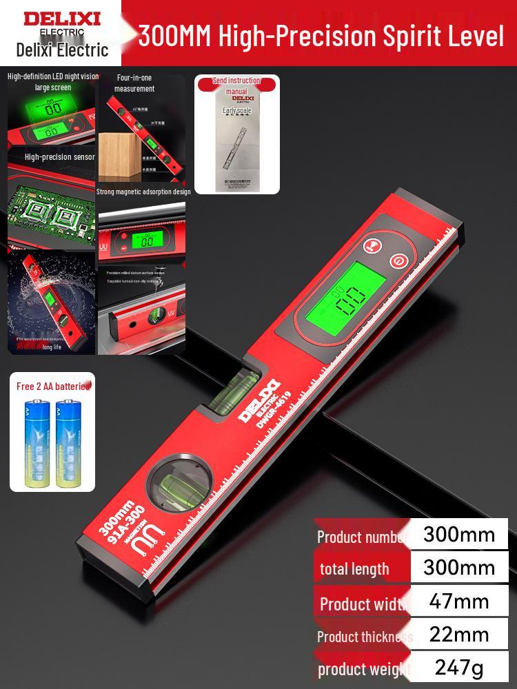 Delixi High Precision Aluminum Spirit Level with Magnet, Small Digital Display Magnetic Ruler