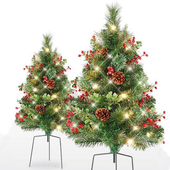 23 Inch Lighted Artificial Christmas Urn Filler Pre-lit Xmas Pine Tree with Cones Red Berries Tripod Stake And LED Light Outdoor Porch Planter Filler
