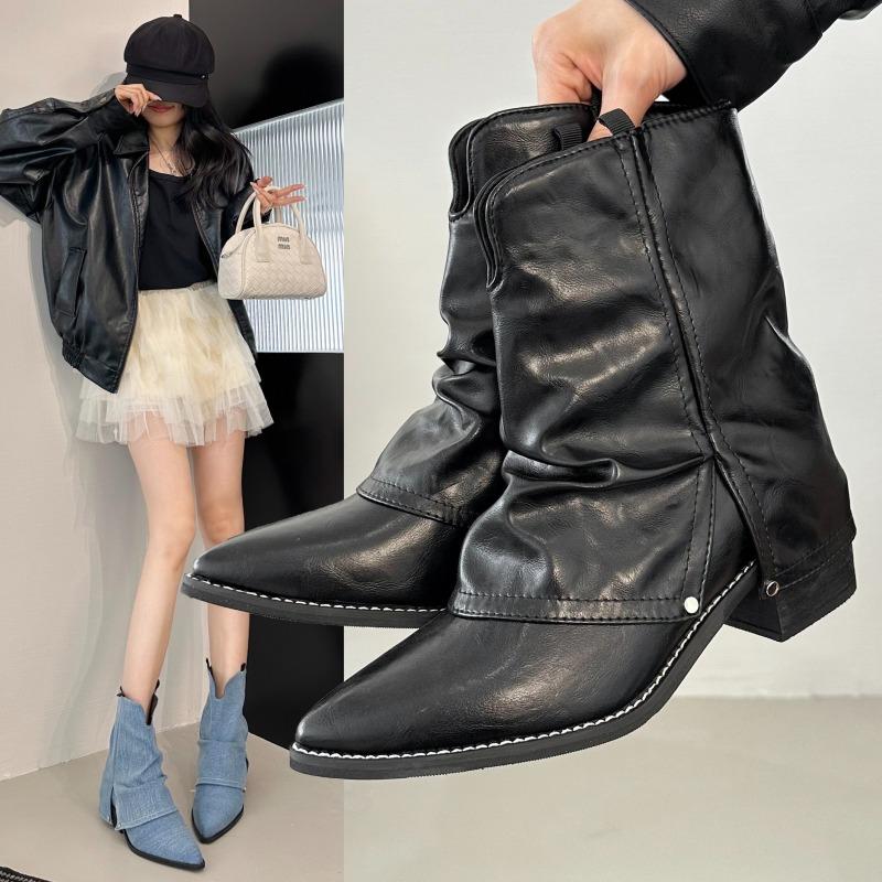 Fashion Women's Mid-calf Boots Pointed Toe Leather Boot Retro Short Leg Pants Tube Boots Classic Canvas Cowboy Boot Womens Fashion Boots