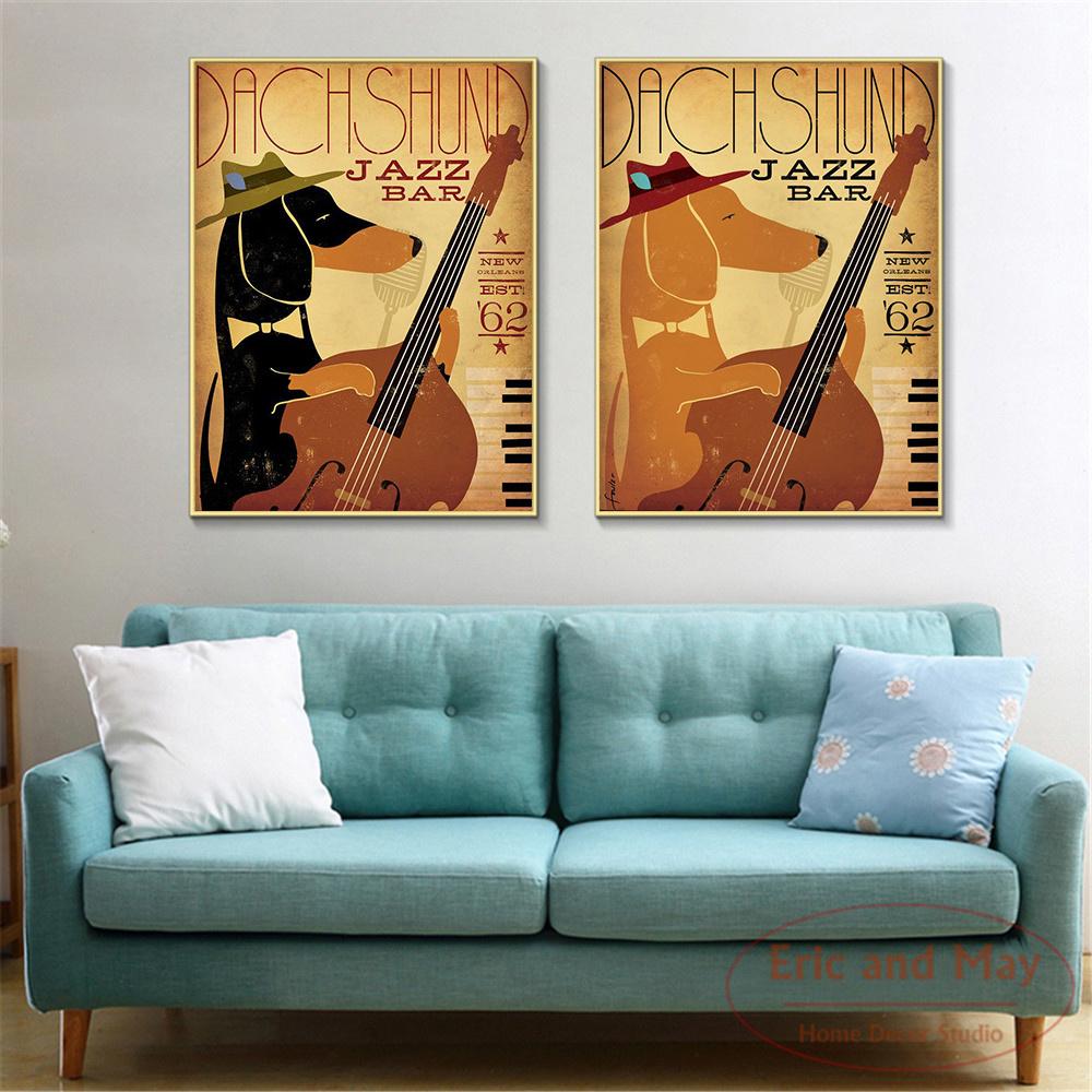 Kunst Retro Musik Hund Lustige Tiere Dackel Jazz Bar Leinwand Malerei Poster Und Drucke Wand Bilder Für Wohnzimmer